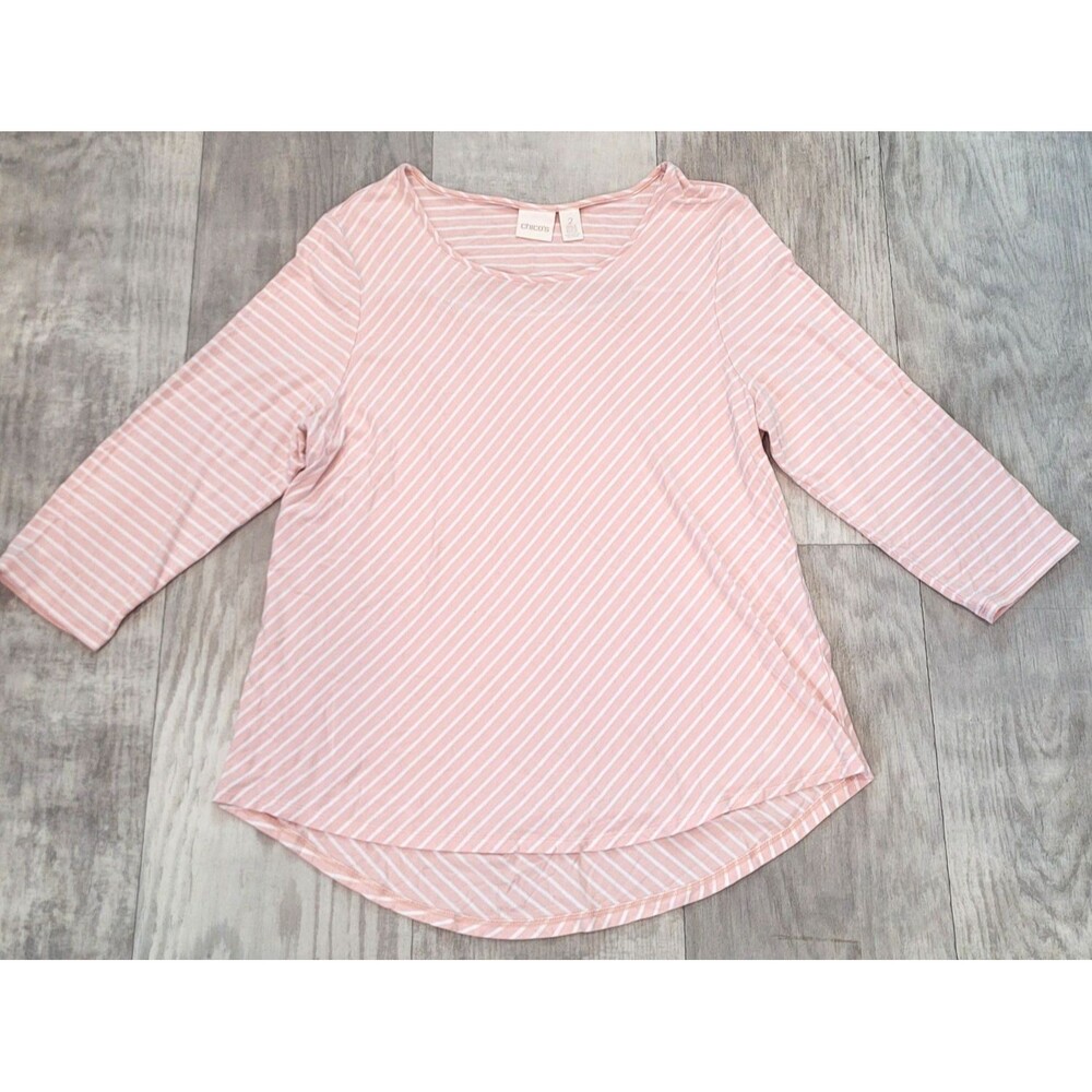 Chicos 2 (L) Peach White Striped 3/4 Sleeve Tunic Blouse Keyhole Back Flowy
